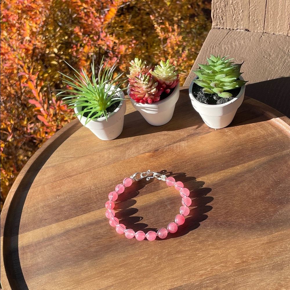 Strawberry Quartz and Silver-tone wire wrapped bracelet